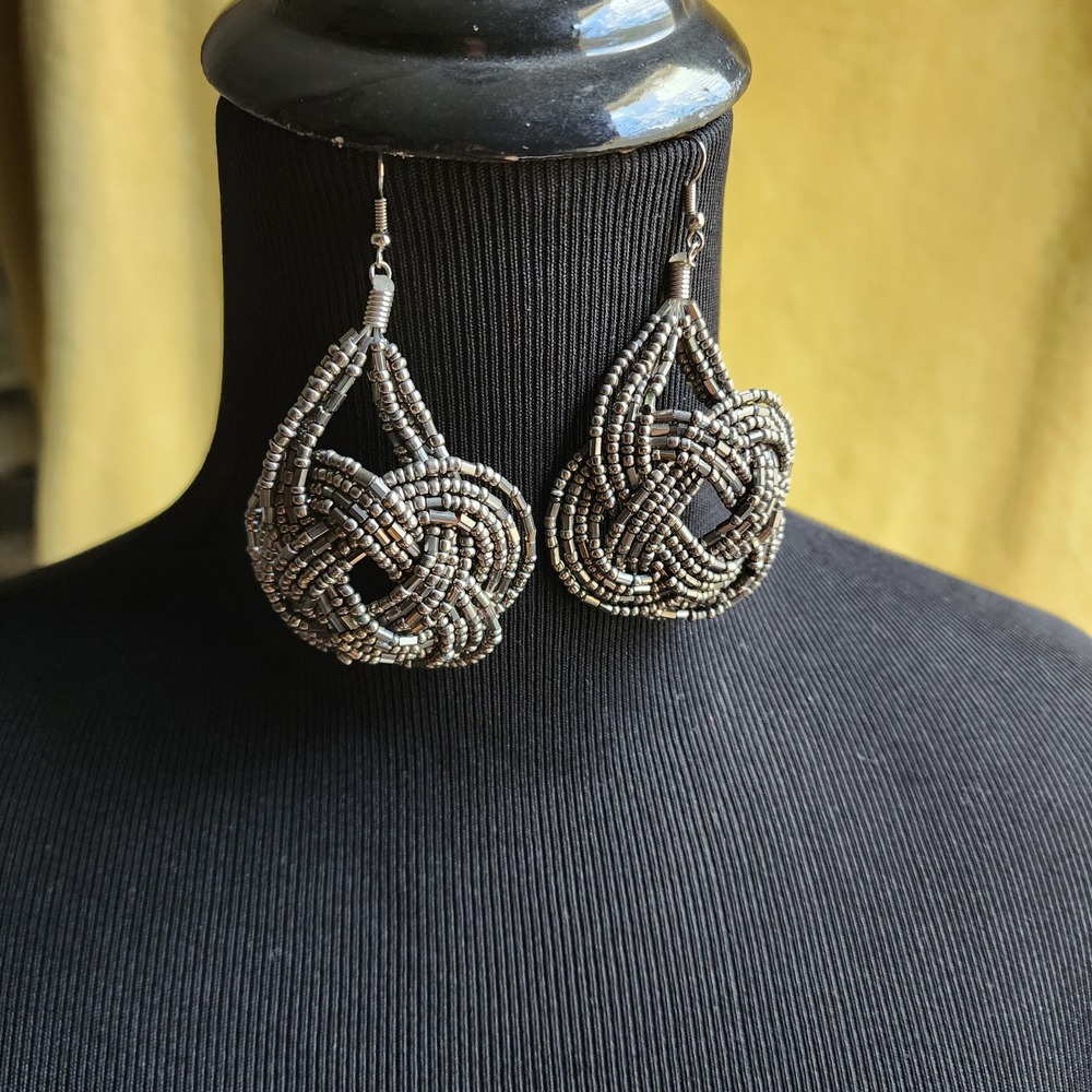Handmade Seed Bead Earrings Silver Celtic Knot Braided Teardrop Dangle Boho 3"